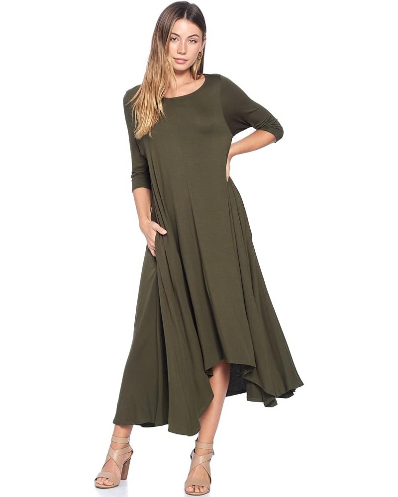 Solid 3/4 Sleeve Pocket Loose Maxi Dress (S-3X) - Made in USA Olive $18.00 Dresses