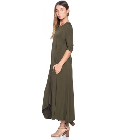 Solid 3/4 Sleeve Pocket Loose Maxi Dress (S-3X) - Made in USA Olive $18.00 Dresses