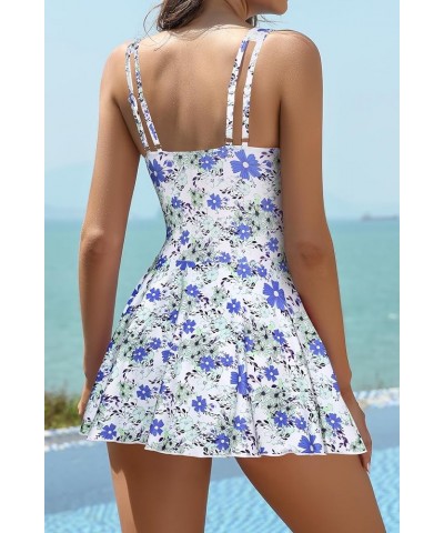 Women's Swimsuits Tummy Control Dress One Piece Swimsuit V Neck Bathing Plus Size Swimwear Blue Daisy $25.93 Swimsuits