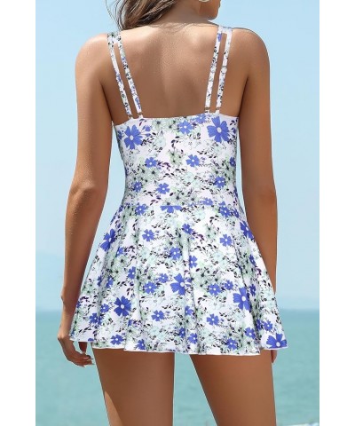 Women's Swimsuits Tummy Control Dress One Piece Swimsuit V Neck Bathing Plus Size Swimwear Blue Daisy $25.93 Swimsuits