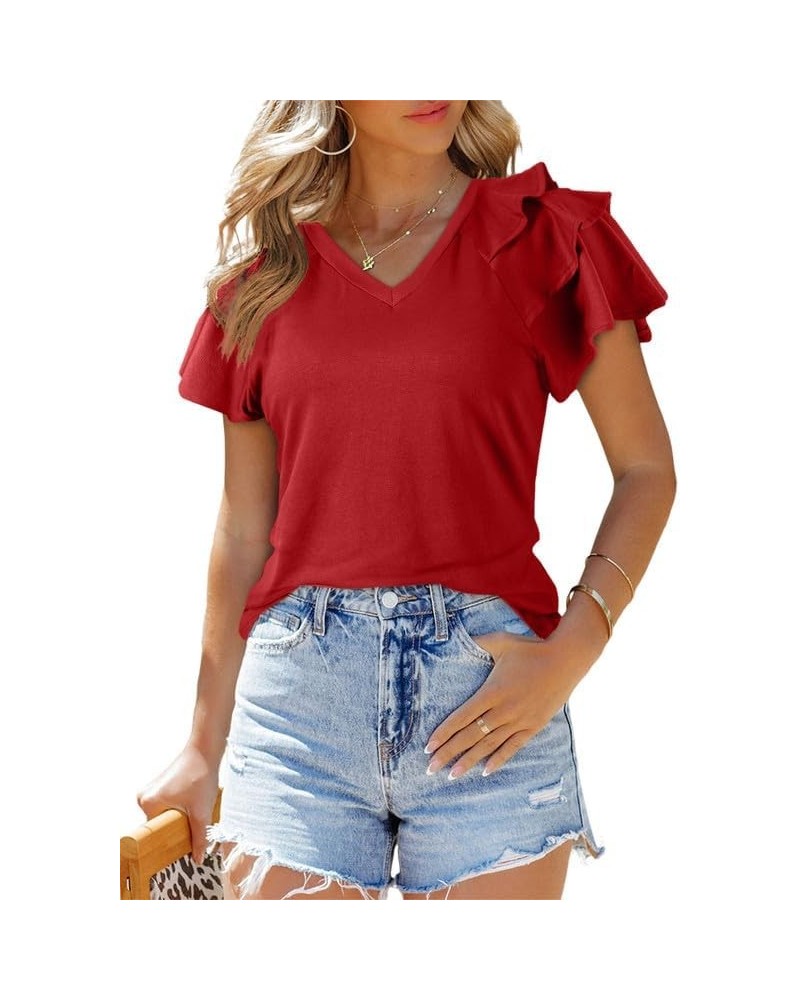 Womens Summer Tops V Neck Ruffle Short Sleeve T Shirts Casual Slim Fit B Red $12.99 T-Shirts