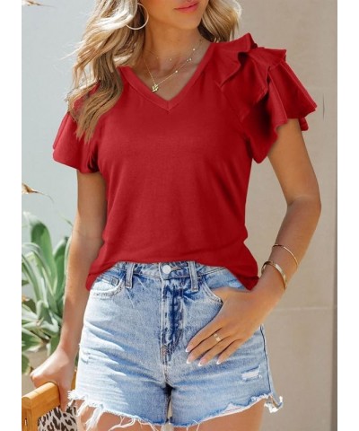 Womens Summer Tops V Neck Ruffle Short Sleeve T Shirts Casual Slim Fit B Red $12.99 T-Shirts