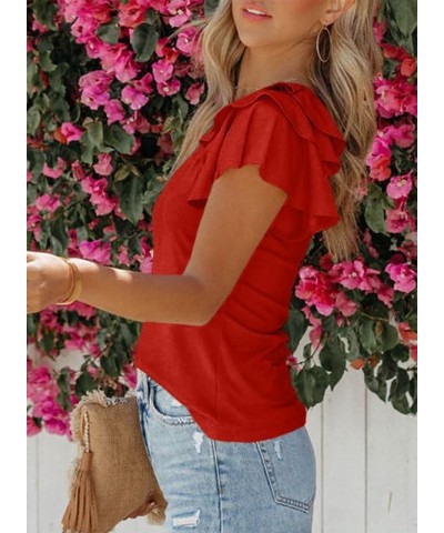 Womens Summer Tops V Neck Ruffle Short Sleeve T Shirts Casual Slim Fit B Red $12.99 T-Shirts