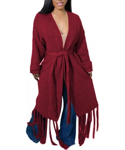 Women's Tassel Cardigan Sweater Long Open Front Maxi Knit Sweaters Fringe Fall Long Coat Wine $15.17 Sweaters