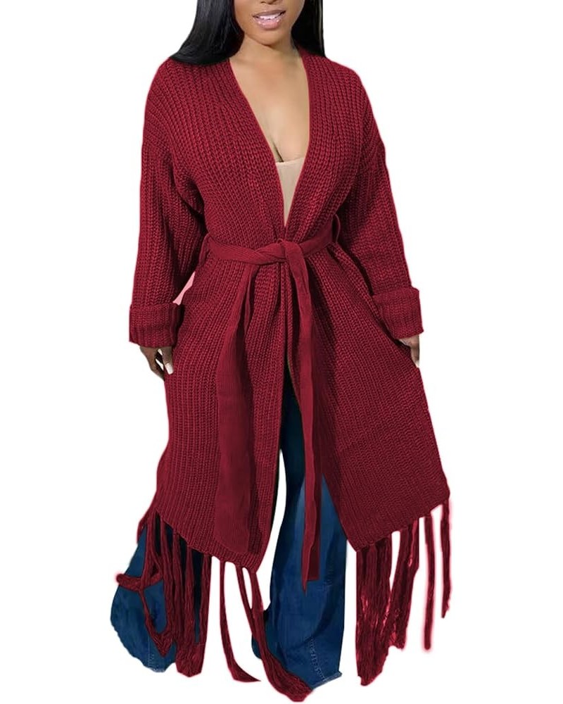 Women's Tassel Cardigan Sweater Long Open Front Maxi Knit Sweaters Fringe Fall Long Coat Wine $15.17 Sweaters