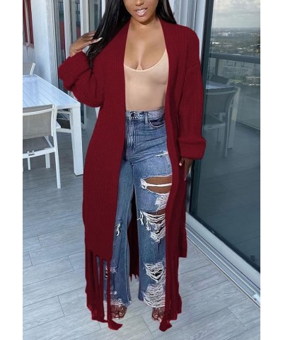 Women's Tassel Cardigan Sweater Long Open Front Maxi Knit Sweaters Fringe Fall Long Coat Wine $15.17 Sweaters