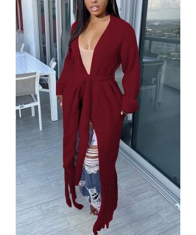 Women's Tassel Cardigan Sweater Long Open Front Maxi Knit Sweaters Fringe Fall Long Coat Wine $15.17 Sweaters