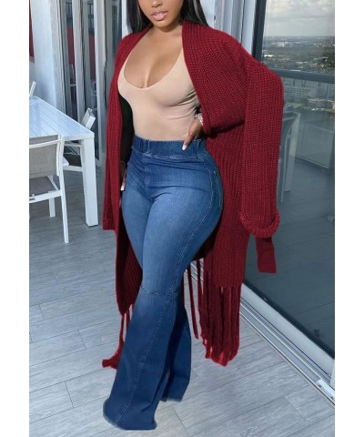 Women's Tassel Cardigan Sweater Long Open Front Maxi Knit Sweaters Fringe Fall Long Coat Wine $15.17 Sweaters