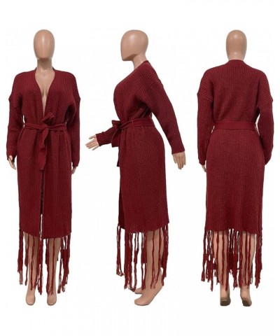 Women's Tassel Cardigan Sweater Long Open Front Maxi Knit Sweaters Fringe Fall Long Coat Wine $15.17 Sweaters