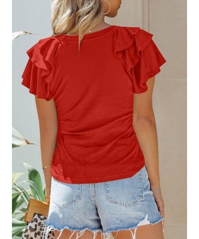 Womens Summer Tops V Neck Ruffle Short Sleeve T Shirts Casual Slim Fit B Red $12.99 T-Shirts