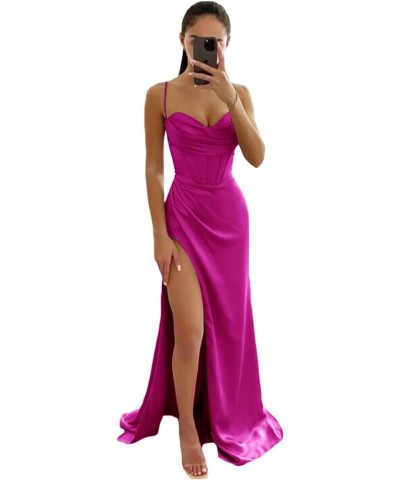 Spaghetti Straps Prom Dress Halter Satin Sweetheart Long Formal Evening Dresses High Slit Backless Bridesmaid Dresses YK397 F...