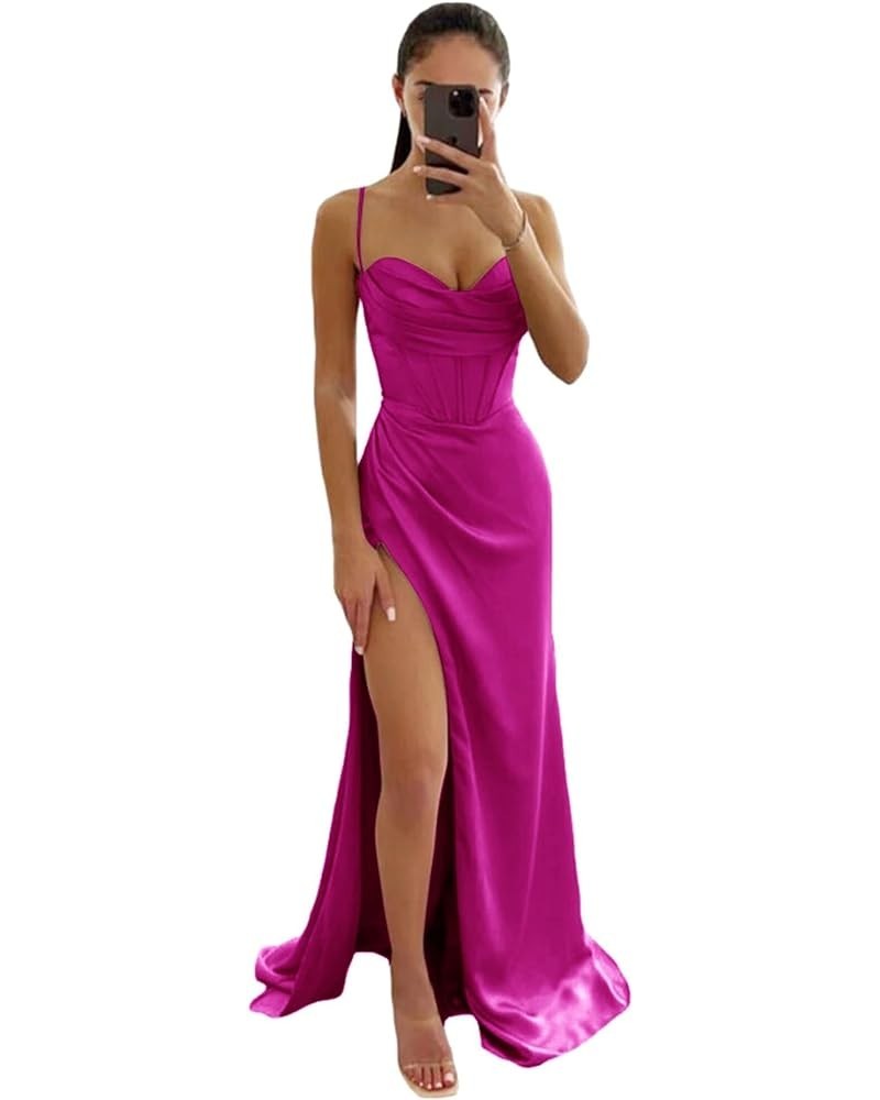 Spaghetti Straps Prom Dress Halter Satin Sweetheart Long Formal Evening Dresses High Slit Backless Bridesmaid Dresses YK397 F...