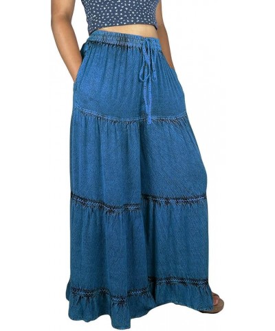 Womens Soft Flowy Palazzo Wide Flared Belly Bottom High Waistband Drawstring Ruffle Pant Trouser Navy $29.23 Pants