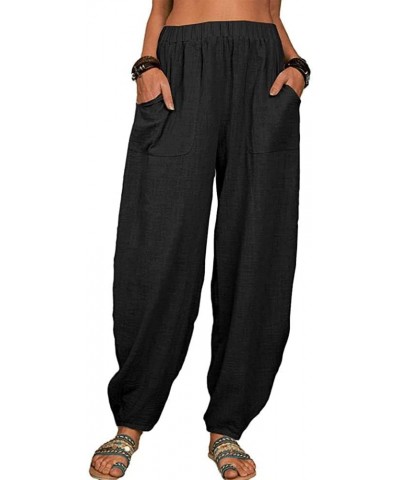 2023 Linen Womens High Elastic Waist Harem Pants Plus Size Comfy Casual Solid Pants Baggy Cute Trousers with Pockets 01black ...