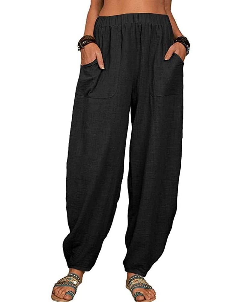 2023 Linen Womens High Elastic Waist Harem Pants Plus Size Comfy Casual Solid Pants Baggy Cute Trousers with Pockets 01black ...