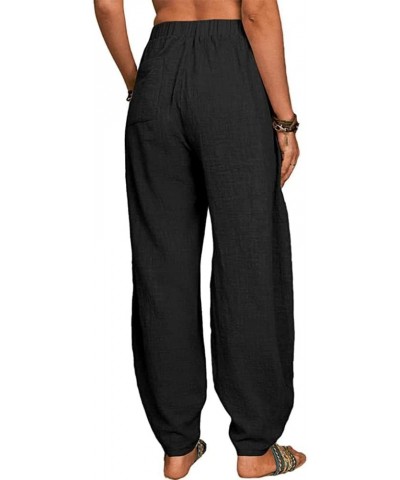 2023 Linen Womens High Elastic Waist Harem Pants Plus Size Comfy Casual Solid Pants Baggy Cute Trousers with Pockets 01black ...