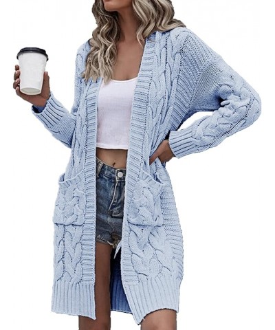 Women's Open Front Cable Knit Sweater Cardigan Long Sleeve Knitwear Coat with Pockets Light Blue $19.13 Sweaters