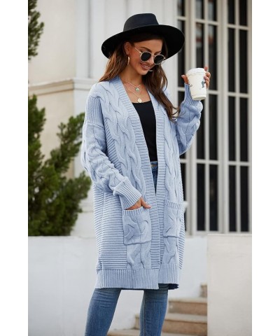 Women's Open Front Cable Knit Sweater Cardigan Long Sleeve Knitwear Coat with Pockets Light Blue $19.13 Sweaters