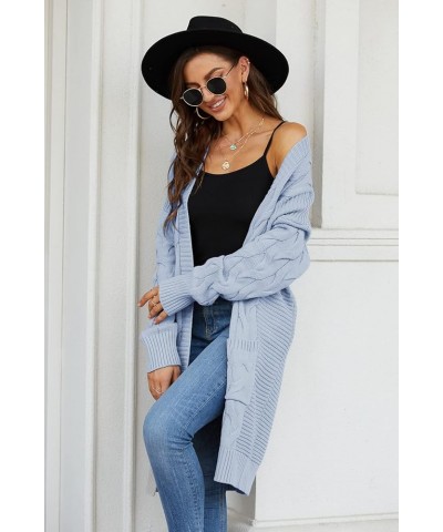 Women's Open Front Cable Knit Sweater Cardigan Long Sleeve Knitwear Coat with Pockets Light Blue $19.13 Sweaters