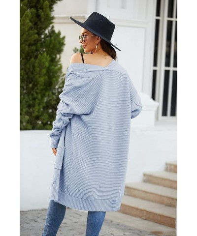 Women's Open Front Cable Knit Sweater Cardigan Long Sleeve Knitwear Coat with Pockets Light Blue $19.13 Sweaters