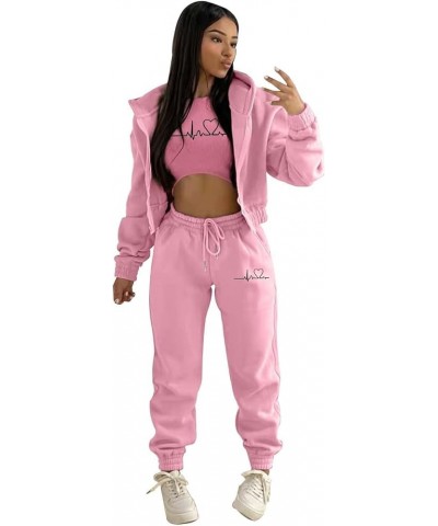 Womens 3 Piece Lounge Set Crop Tank Top Zipper Hoodie Jacket Sweatsuits Casual Tracksuit Sets Workout Jogging Suits A5-pink $...