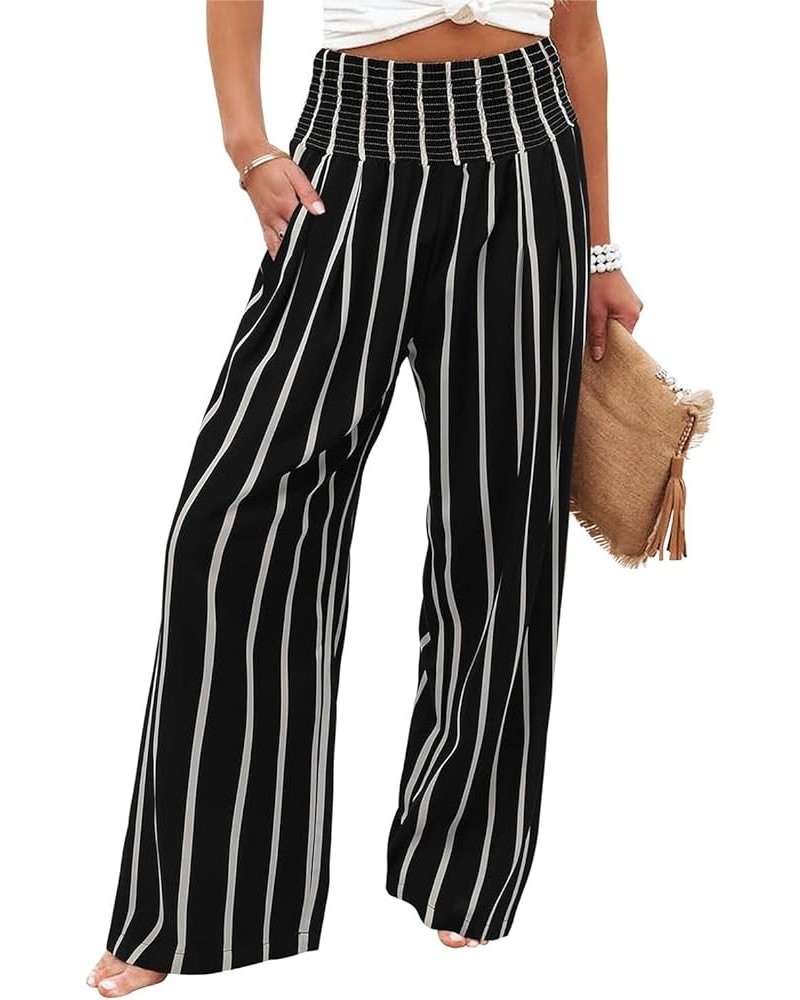 Womens Casual Loose Fit Palazzo Pants Elastic High Waist Lounge Long Pajama Wide Leg Trousers with Pocket 1-black Stripe $16....