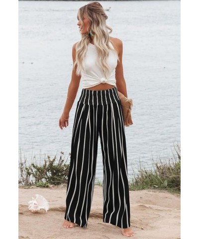 Womens Casual Loose Fit Palazzo Pants Elastic High Waist Lounge Long Pajama Wide Leg Trousers with Pocket 1-black Stripe $16....