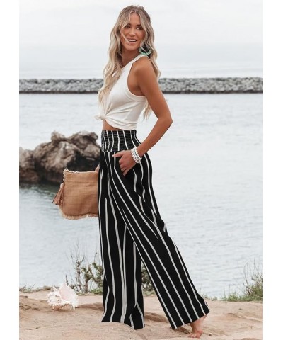 Womens Casual Loose Fit Palazzo Pants Elastic High Waist Lounge Long Pajama Wide Leg Trousers with Pocket 1-black Stripe $16....