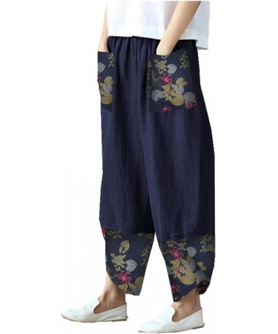 Women's Cropped Cotton Linen Pants Elastic Waist Summer Beach Pants Vintage Boho Casual Loose Wide Leg Pants with Pockets B D...