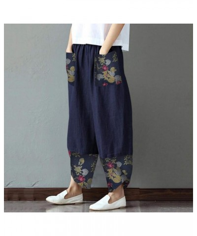 Women's Cropped Cotton Linen Pants Elastic Waist Summer Beach Pants Vintage Boho Casual Loose Wide Leg Pants with Pockets B D...