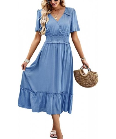 Women's V Neck Short Sleeve Long Dresses Pleated High Waist Slit Club Party Evening Maxi Dress Blue $21.31 Dresses