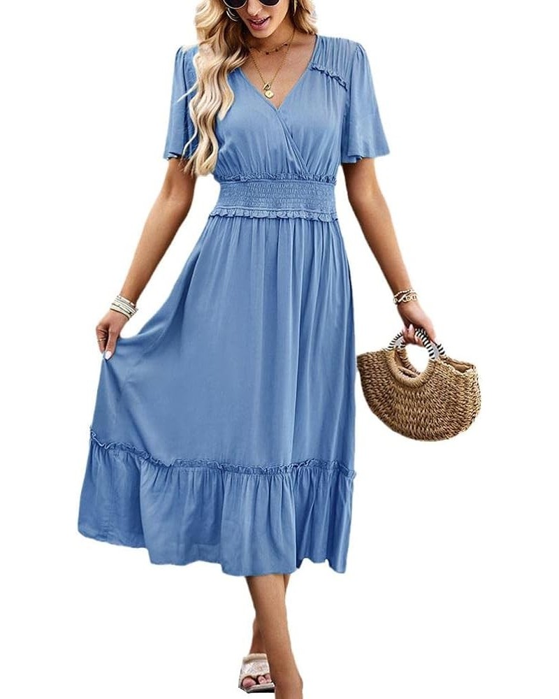 Women's V Neck Short Sleeve Long Dresses Pleated High Waist Slit Club Party Evening Maxi Dress Blue $21.31 Dresses