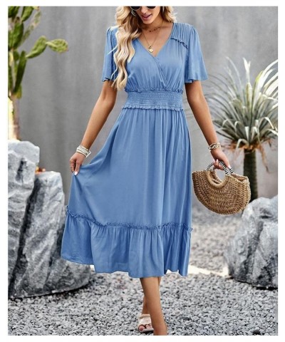 Women's V Neck Short Sleeve Long Dresses Pleated High Waist Slit Club Party Evening Maxi Dress Blue $21.31 Dresses