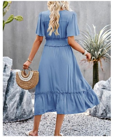 Women's V Neck Short Sleeve Long Dresses Pleated High Waist Slit Club Party Evening Maxi Dress Blue $21.31 Dresses