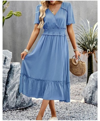 Women's V Neck Short Sleeve Long Dresses Pleated High Waist Slit Club Party Evening Maxi Dress Blue $21.31 Dresses