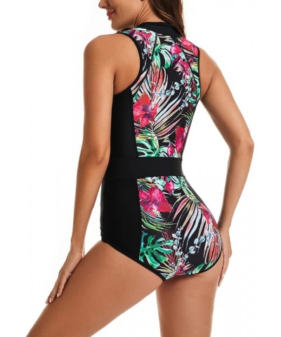 Womens Rash Guard Zip Front Sleeveless One Piece Swimsuit Black / Red $14.62 Swimsuits