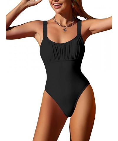 Women's Twist Back Cut Out Ruched One Piece Swimsuit Scoop Neck Bathing Suit Black $19.71 Swimsuits