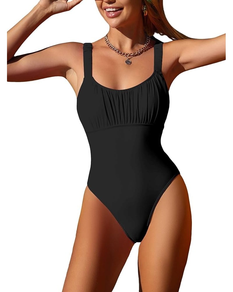 Women's Twist Back Cut Out Ruched One Piece Swimsuit Scoop Neck Bathing Suit Black $19.71 Swimsuits