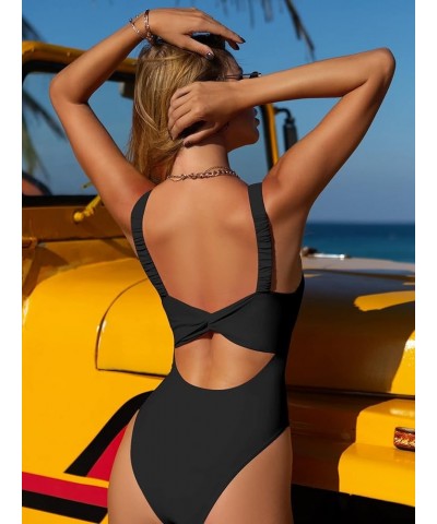 Women's Twist Back Cut Out Ruched One Piece Swimsuit Scoop Neck Bathing Suit Black $19.71 Swimsuits