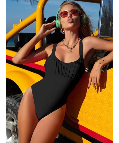 Women's Twist Back Cut Out Ruched One Piece Swimsuit Scoop Neck Bathing Suit Black $19.71 Swimsuits