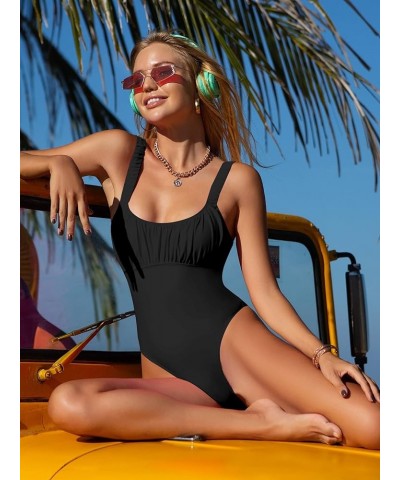 Women's Twist Back Cut Out Ruched One Piece Swimsuit Scoop Neck Bathing Suit Black $19.71 Swimsuits