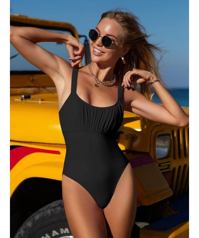 Women's Twist Back Cut Out Ruched One Piece Swimsuit Scoop Neck Bathing Suit Black $19.71 Swimsuits