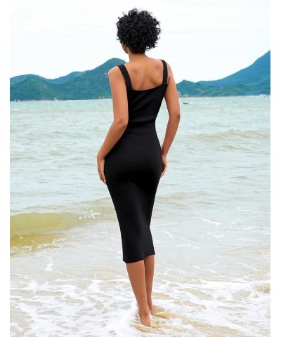 Women's Summer Knit Midi Dress Cutout Bodycon Dress Sleeveless Ribbed Sweater Dresses Black $28.49 Dresses