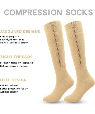 Zipper Compression Socks Men Women, 20-30mmhg Closed Toe Compression Stocking Calf Knee High Suit for Running XX-Large Beige2...