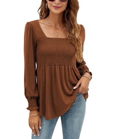 Blouses for Women Puff Long Sleeve Shirts Square Neck Casual Smocked Tunic Tops 2024 Spring Fall Winter Clothes S-XL Caramel ...