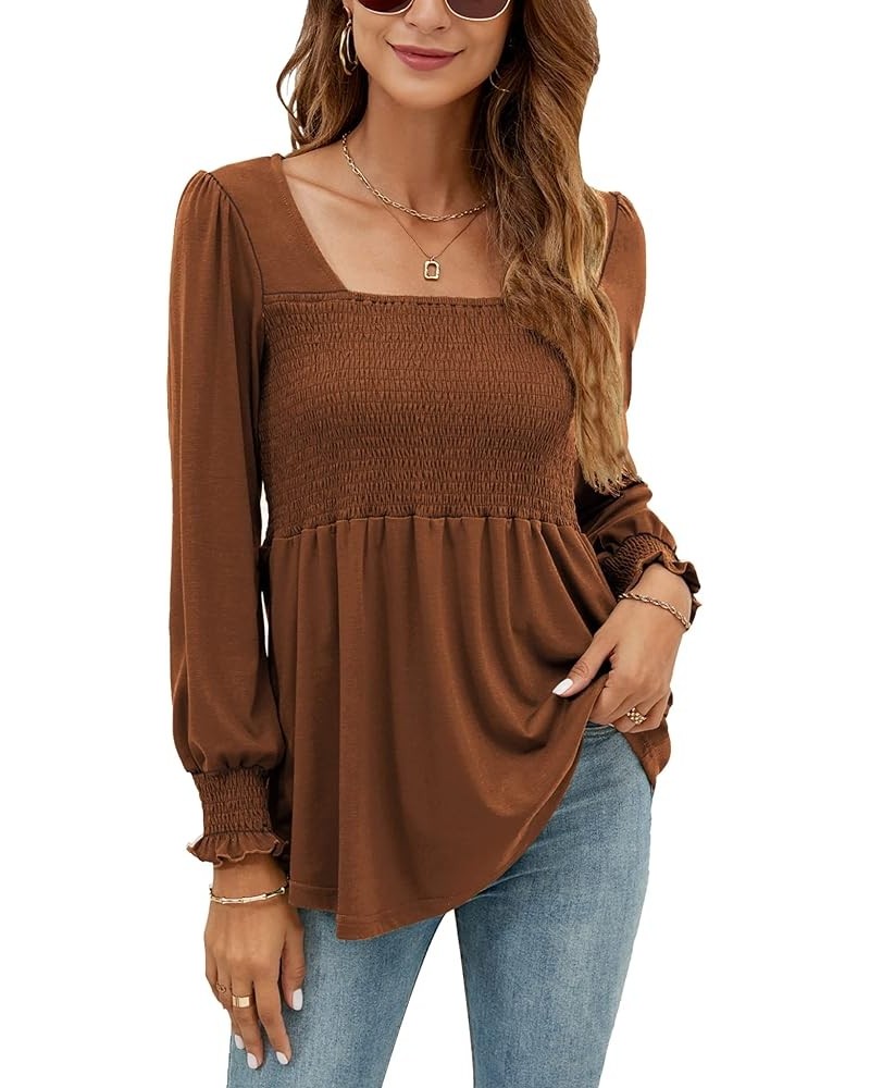 Blouses for Women Puff Long Sleeve Shirts Square Neck Casual Smocked Tunic Tops 2024 Spring Fall Winter Clothes S-XL Caramel ...