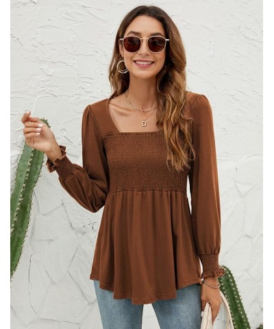 Blouses for Women Puff Long Sleeve Shirts Square Neck Casual Smocked Tunic Tops 2024 Spring Fall Winter Clothes S-XL Caramel ...