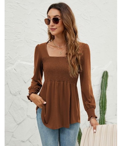 Blouses for Women Puff Long Sleeve Shirts Square Neck Casual Smocked Tunic Tops 2024 Spring Fall Winter Clothes S-XL Caramel ...