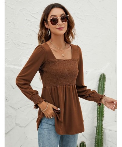 Blouses for Women Puff Long Sleeve Shirts Square Neck Casual Smocked Tunic Tops 2024 Spring Fall Winter Clothes S-XL Caramel ...