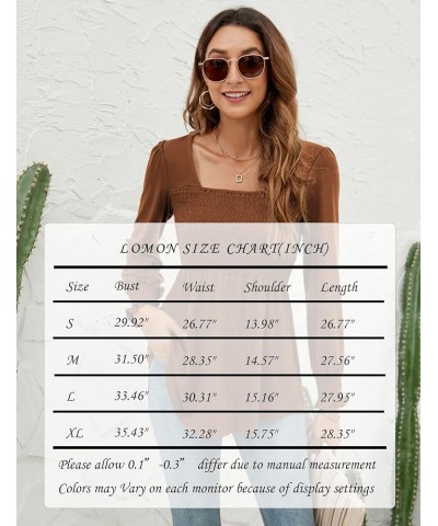 Blouses for Women Puff Long Sleeve Shirts Square Neck Casual Smocked Tunic Tops 2024 Spring Fall Winter Clothes S-XL Caramel ...